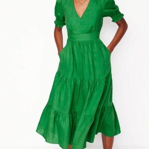 Boden Anna Linen Tiered Midi Dress, US 10, Paradise Green